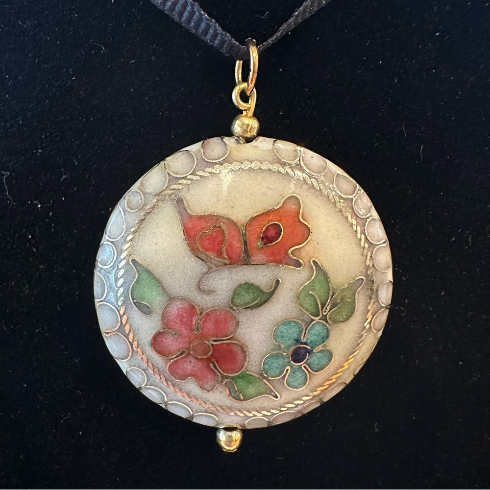 Vintage Cloisonné Enamel Butterfly and Flowers Circle Pendant Slide